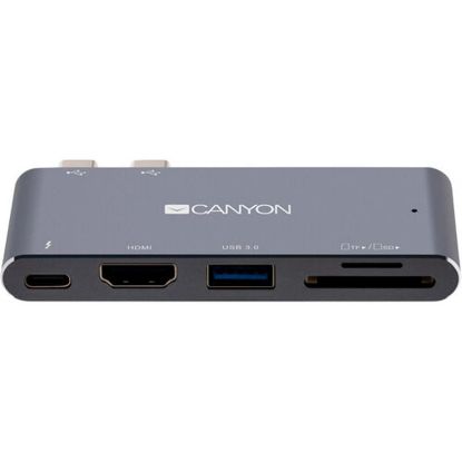  Зображення CANYON DS-5, Multiport Docking Station with 5 port, with Thunderbolt 3 Dual type C male port, 1*Thunderbolt 3 female+1*HDMI+1*USB3.0+1*SD+1*TF. Input 100-240V, Output USB-C PD100W&USB-A 5V/1A, Aluminium alloy, Space gray, 90*41*11mm, 0.04kg 