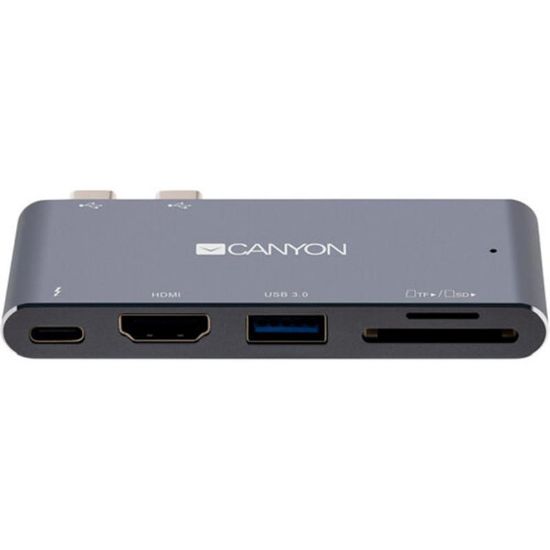  Зображення CANYON DS-5, Multiport Docking Station with 5 port, with Thunderbolt 3 Dual type C male port, 1*Thunderbolt 3 female+1*HDMI+1*USB3.0+1*SD+1*TF. Input 100-240V, Output USB-C PD100W&USB-A 5V/1A, Aluminium alloy, Space gray, 90*41*11mm, 0.04kg 