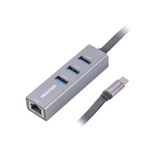  Зображення Адаптер Maxxter NECH-3P-02 з Type-C на Gigabit Ethernet NECH-3P-02, 3 Ports USB 3.0 1000 Mbps, метал, темно-сірий) 