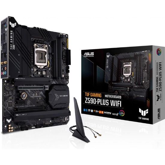  Зображення Материнська плата Socket_1200 ASUS TUF GAMING Z590-PLUS WIFI (DDR4, 128 Gb, Wi-Fi Module, 2xUSB3.2 Gen2 Type-A, USB3.2 Gen 2x2, 2xUSB3.2 Gen1Type-A, RJ45, 2xUSB2.0, PS/2, HDMI, DisplayPort, optical SPDIF 3xM.2 Socket 3, 6xSata6.0 Gb/s, Bluetooth 5.0, Wi-Fi (IEEE 802.11 a/b/g/n/ac/ax), ATX, BOX) 