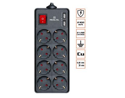  Зображення Мережевий фільтр живлення REAL-EL REAL-EL RS-8 PROTECT USB, 3m, black (EL122300020) 