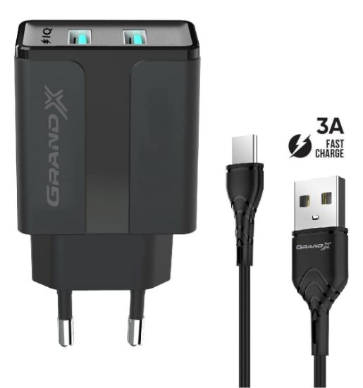  Зображення Зарядний пристрій Grand-X CH-15T 5V 2,1A USB Black + cable USB -> Type C, Cu, 4A, TPE (CH-15T) 