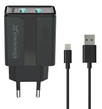  Зображення Зарядний пристрій Grand-X 5V 2,1A Black + cable USB-Lightning (CH15LTB) 